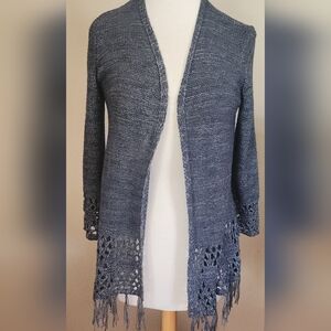 C52 Anne French Western Inspired Heather Blue Fringed Open Front Cardigan Sz Med